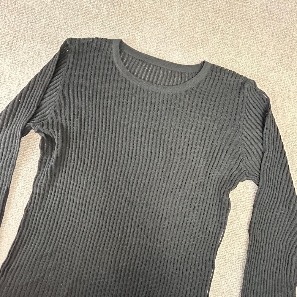 Commense See Through Mesh Top Women Medium Black Ribbed High Stretch Crewneck